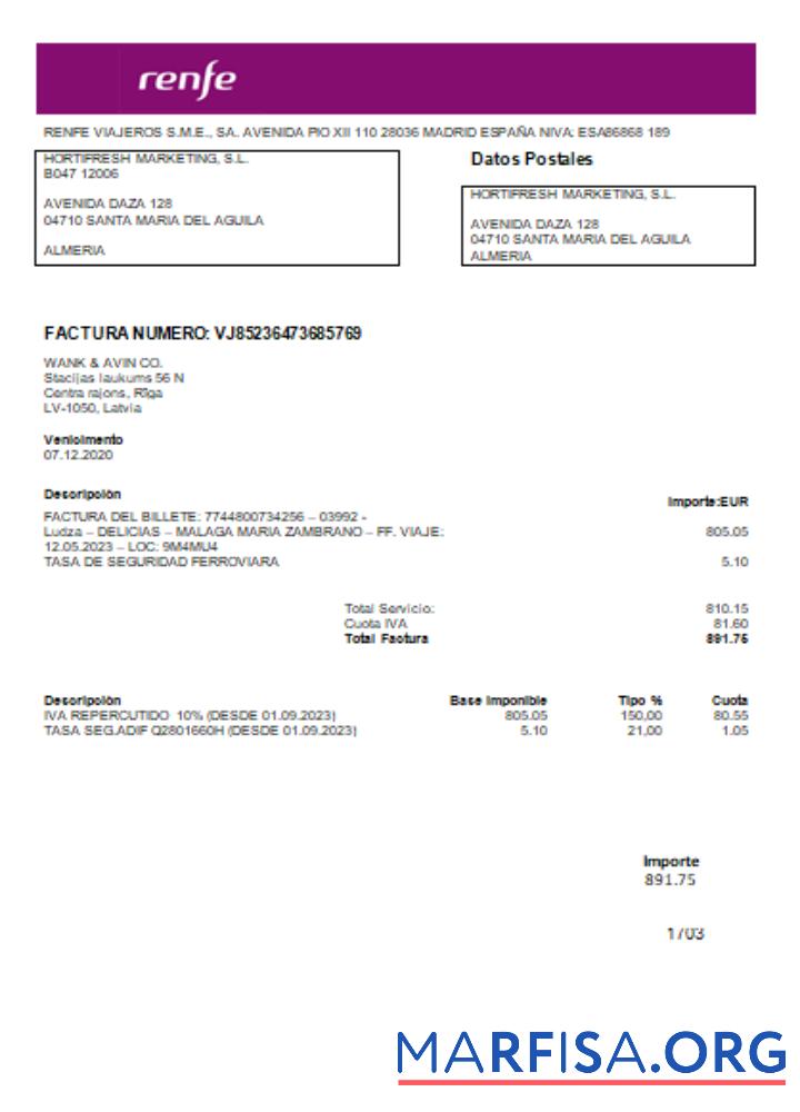 Printable Renfe utility business bill, SCR real example